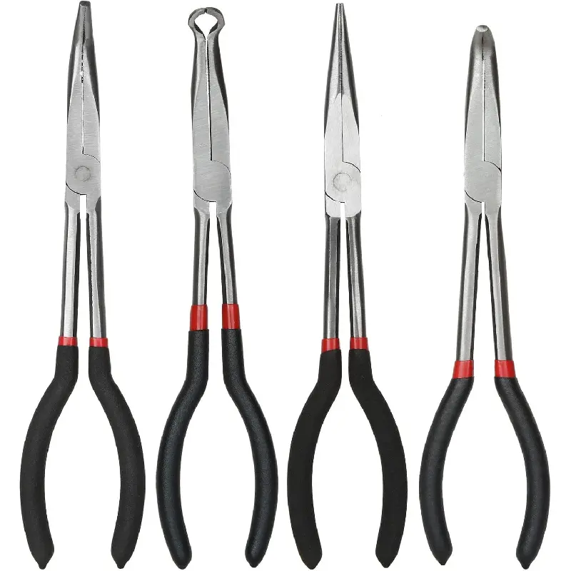 Long Needle Nose Pliers Set - 4-in-1 90-Degree Bent Needle Nose Pliers, 11-in Spark Plug Wire Removal Tool for Wire Bending, Shaping, Mechanics’ Water Sports Maintenance Tools