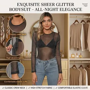 Women’s sheer mesh long-sleeve top — elegant turtleneck ruched blouse with rhinestones, Y2K aesthetic sparkly glitter crewneck for clubwear, festival party outfit, date night, trending TikTok fashion women