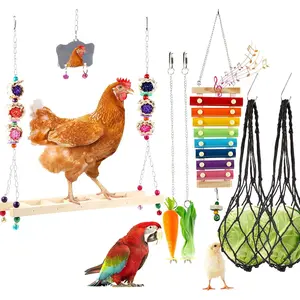 8PCS Chicken Toys for Coop Accessories, Chicken Swing, Xylophone, Chicken Mirror, Vegetable Hanging Feeder, Chicken Fruit Rack for Poultry Rooster Large Bird Parrot Lovers’ Entertainment Gift Chicken Coop Accessories Set