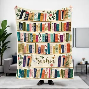 Vintage Bookshelf Library Throw Blanket Cottagecore Floral Design Cozy Fabric Gift For Book Lovers & Readers