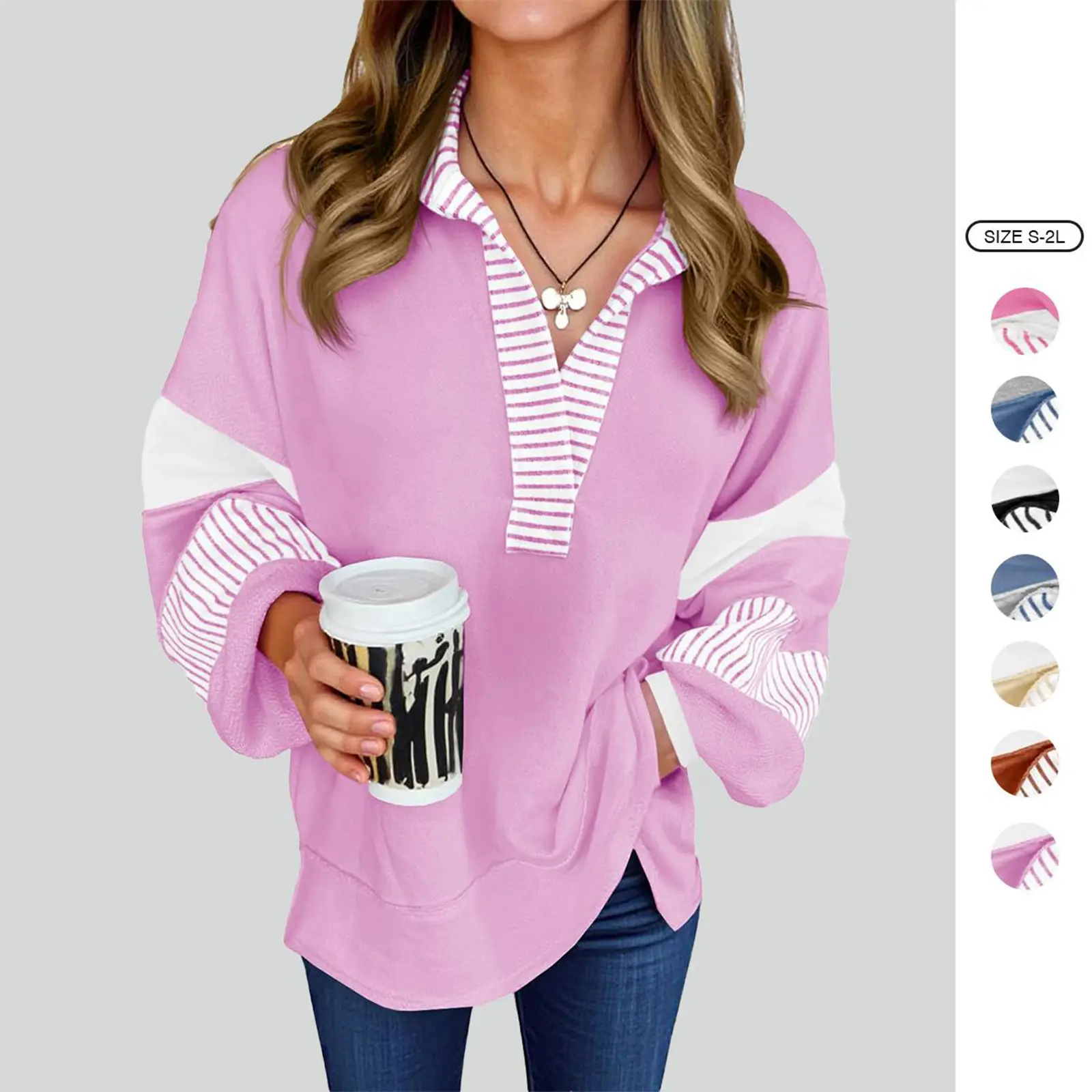 Imily Bela Womens Color Block Oversized Sweatshirt V Neck Long Sleeve Casual Loose Pullover Tops