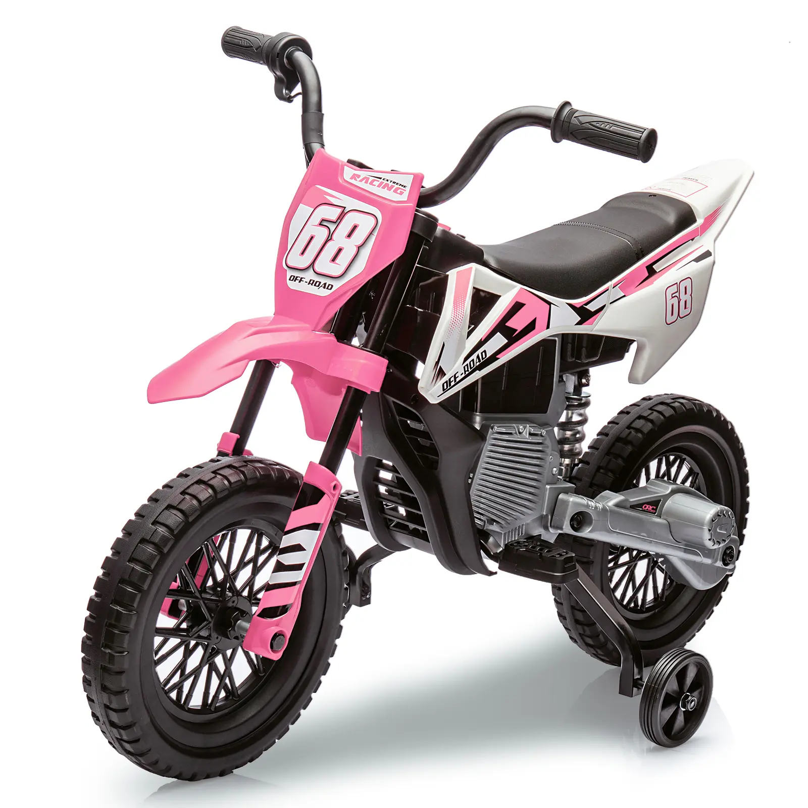Pink 12V Electric Dirt Bike For Kids Ages 3 Plus With Rear Wheel Drive Two 25W Motors Training Wheels Soft Start Spring Suspension And Durable Metal Frame Pink