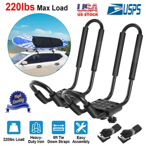 1 Pair Universal J-Bar Kayak Carrier 220LBS Load Heavy Duty Canoe Car Top Mount Carrier Roof Rack w/ 2Pcs Tie Down Straps