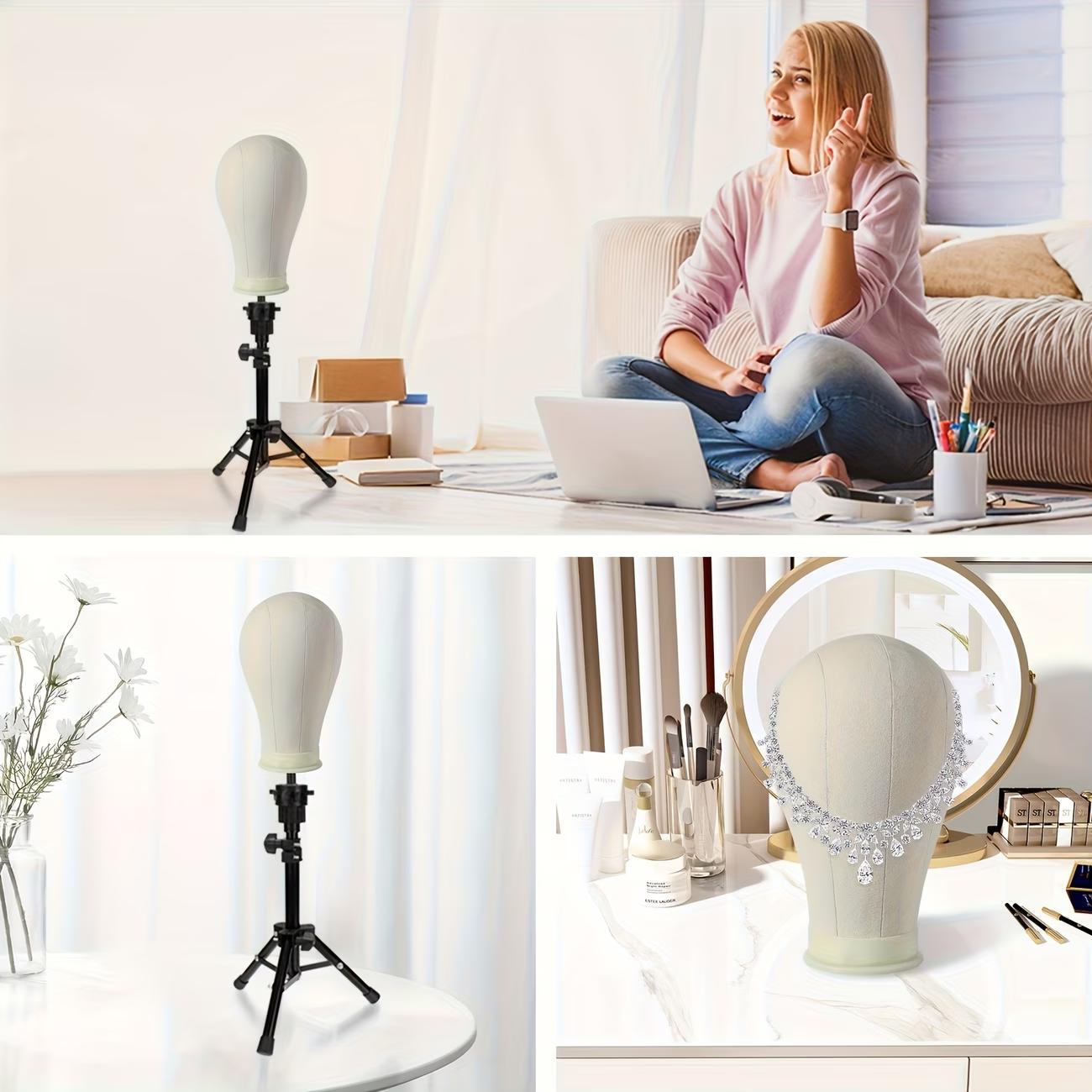 22" Canvas Cork Wig Mannequin Head Tripod Set with Table C Clamp Holder, Professional Wig Model for Making Styling Drying & Hair Replacement stand