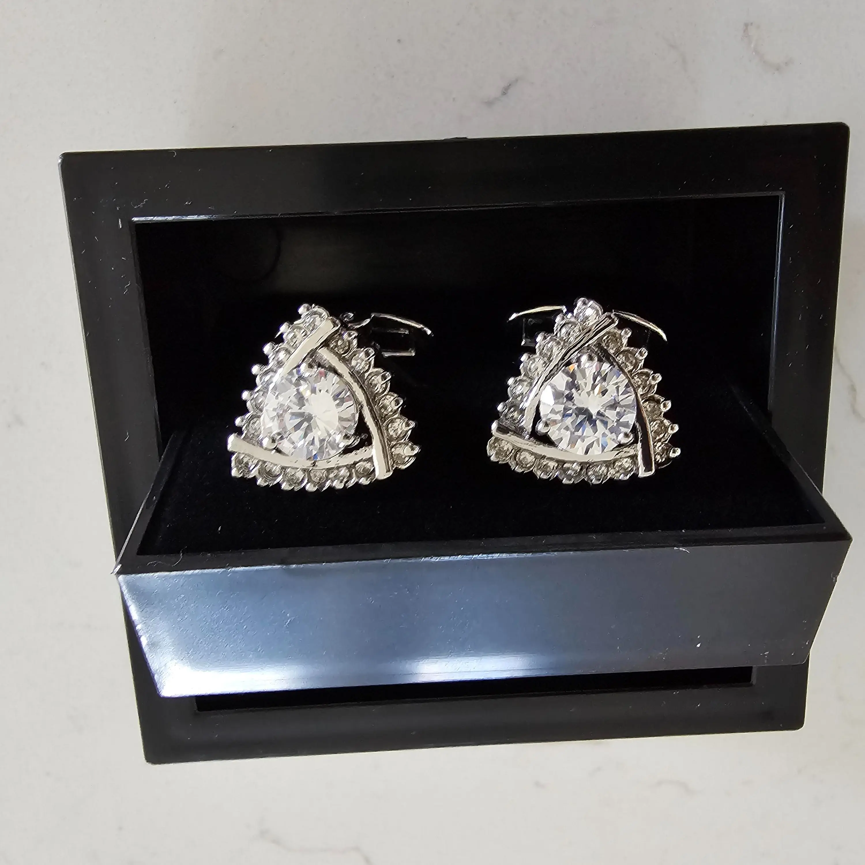 Triangle White Crystal Cufflinks, Silver Shield Cuff links, Clear Geometric Stone, Classic Luxury Suit Accessories, Groomsmen Gift Box Set