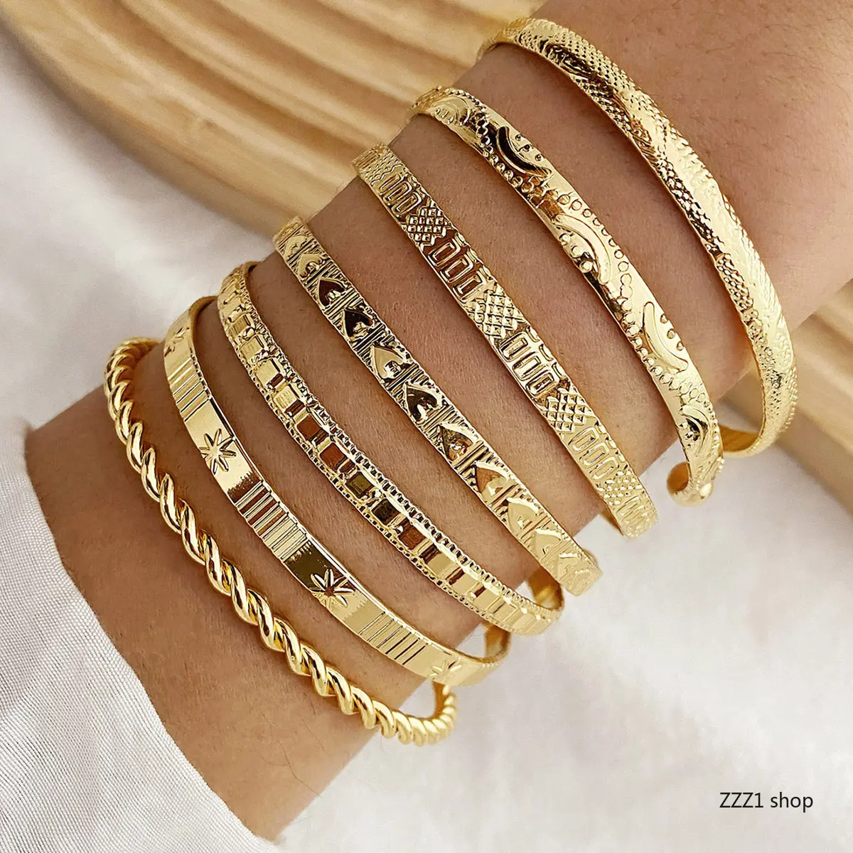 Women's Vintage Gold Tone Unisex Stackable Bohemian Twist-Open Cuff Bangle Set, Engraved Palm Tree Floral Greek Key Patterns, Fashionable Bracelet Style, All Seasons Casual Daily Wear, Set Includes Multiple Sports Wristbands