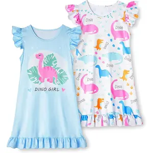 Z-CPA73    2Pcs Girls Nightgowns 3-10 Years Flutter Short Sleeves Nightdress Nightie Dress Sleepwear Pajamas for Little Girls