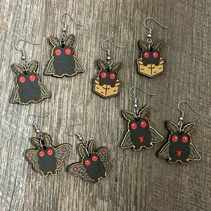 Mothman Earrings – Cryptid Cutie Series – Spooky Cute Hand Painted Wooden Dangle Earrings