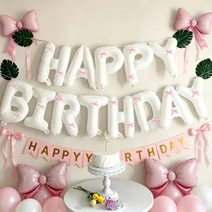 36-Pack Pink Bow Ribbon + Birthday Banner Foil Balloon Set | Perfect for Birthday Party, Seasonal Transition, Halloween, Christmas, Baptism | Reusable Balloon Garland Decor | Indoor & Outdoor Background Decoration