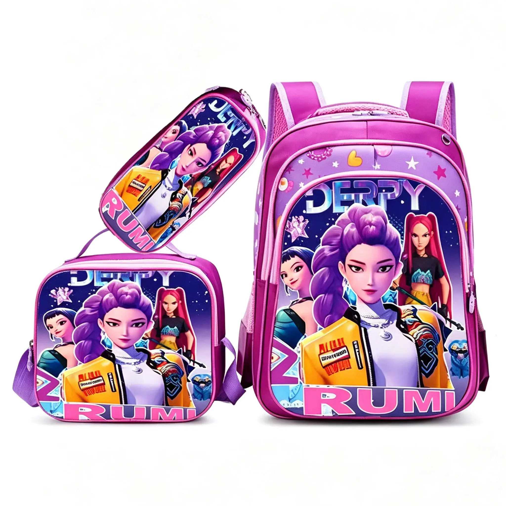 Fashion Printed 3-Piece School Backpack Set, Includes Lunch Bag & Pencil Case, Large Capacity Storage Daypack for Teen Girls