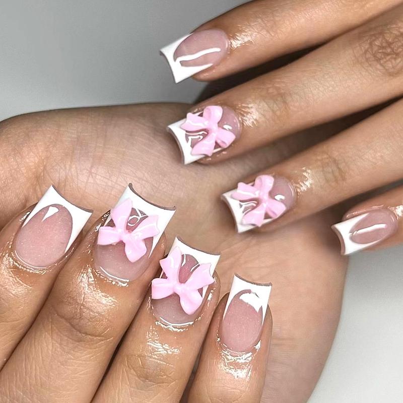 144 Pcs Press On Nails (6 Packs) | Nude Pink French, Bow & Floral Mix | Almond & Coffin Shapes | 3D Flower, Ribbon Bow & Glitter Styles | Reusable Stick On Nails with Jelly Glue | 12 Sizes