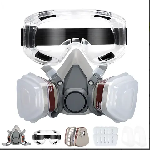 Full Face Reusable Dustproof Gasproof Mask with Dual Filtration System - Food-Grade Elastic Silicone, Adjustable Anti-Fog Polycarbonate Safety Goggles, Activated Carbon Filters, Gas+Vapor Defense Professional Construction Gear for Spray Paint