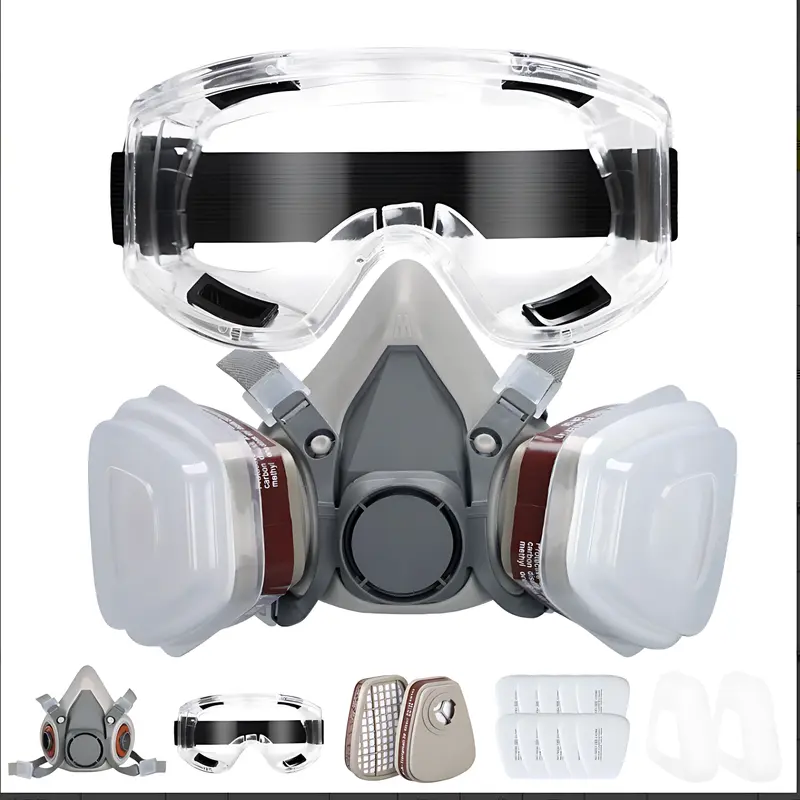 Full Face Reusable Dustproof Gasproof Mask with Dual Filtration System - Food-Grade Elastic Silicone, Adjustable Anti-Fog Polycarbonate Safety Goggles, Activated Carbon Filters, Gas+Vapor Defense Professional Construction Gear for Spray Paint