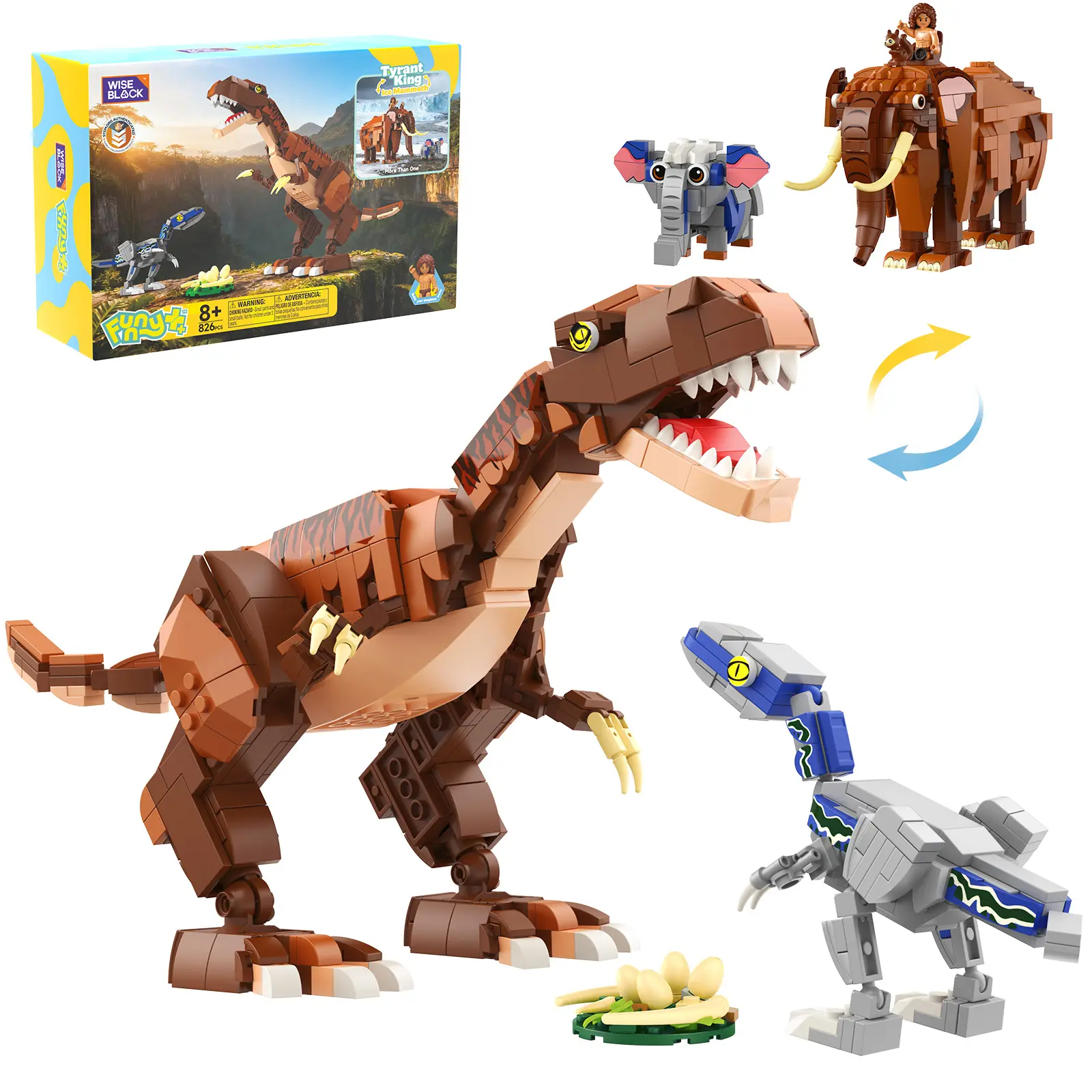 WISE BLOCK Tyrant King & Ice Mammoth 2-in-1 Building Block Set, 826pcs Dinosaur-Mammoth STEM Educational Toy with Minifigure for Kids Ages 8+, Building Block Sets