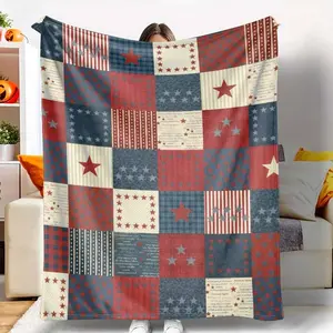 Patriotic Stars and Stripes Flannel Blanket Vintage American Spirit Patchwork Print Soft Warm Cozy Reversible Throw for Sofa Bed Office Camping Travel Gift Decor tiktokshopspringglowup