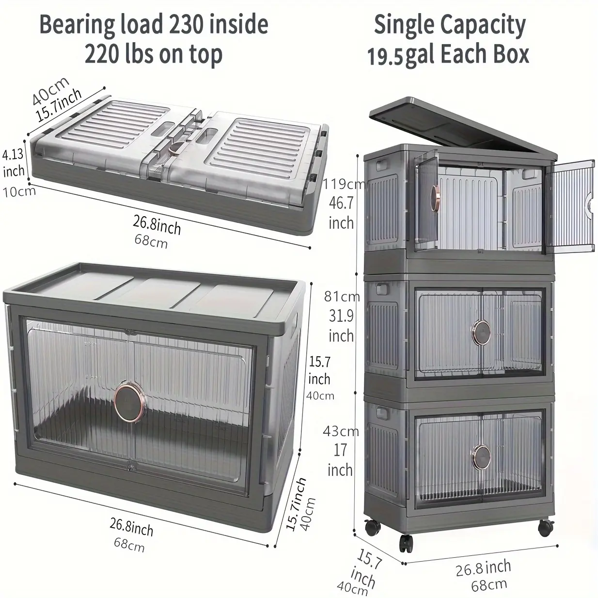 New 19.5Gal Plastic Storage Bins for Closet Organizer Folding Plastic Stackable Utility Crates Closet Organizers and Storage Shelves Camping box with wheel Outdoor Storage Box 1 Pack Grey