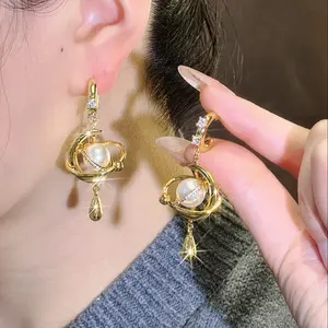 Unique Design Elegant Women's Gold Statement Dangle Pearl Silver Needle Galaxy Earrings