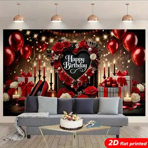 Floral Red Rose High Heel Happy Birthday Tapestry Wall Hanging, 2D Flat Printed Shiny Decorative Backdrop, Gift for Women’s Birthday Party Photo Booth, Home & Room Decor