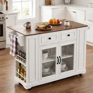 Mobile Kitchen Island Cart with Power Outlet, 54" Rolling Kitchen Cart with Glass Door Storage, Open Shelves, Towel Rack, Spice Rack & Knife Holder, White+Walnut Kitchen Prep Table for Dining Room, White+Walnut Color Options, Color: White+Walnut