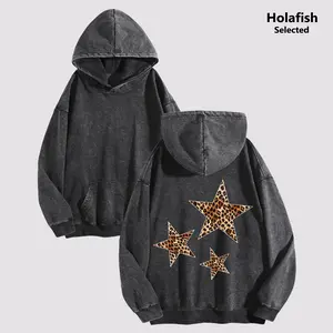 Holafish Women's Acid Wash Oversized Hoodie - Leopard 5-Pointed Star Print, Long-Sleeve Pullover, Vintage Streetwear Casual Tunic Sweatshirt for Everyday Chic Cozy Wear