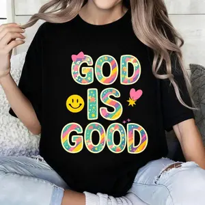 100 Percent Cotton GOD IS GOOD Casual Fashion T Shirt God Is Good Rainbow Text And Emoji Design Summer Wear For Women And Girls Gift Idea