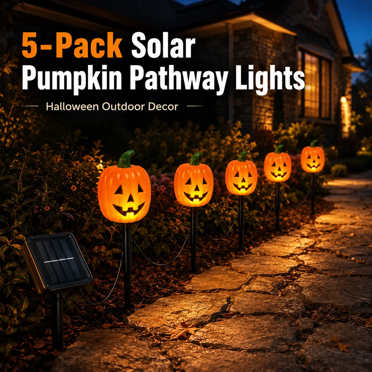 5-Pack Solar Pumpkin Pathway Lights, Halloween Outdoor Jack-O'-Lantern Garden Stake Lights, Warm Glow Solar Yard Decorations for Walkway, Lawn, Garden & Front Yard