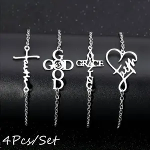 4pcs Stainless Steel Christian Love Faith Letters Amazing Grace faith GOD Cross Bracelet Set Church Prayer Religious Pendant Jewelry