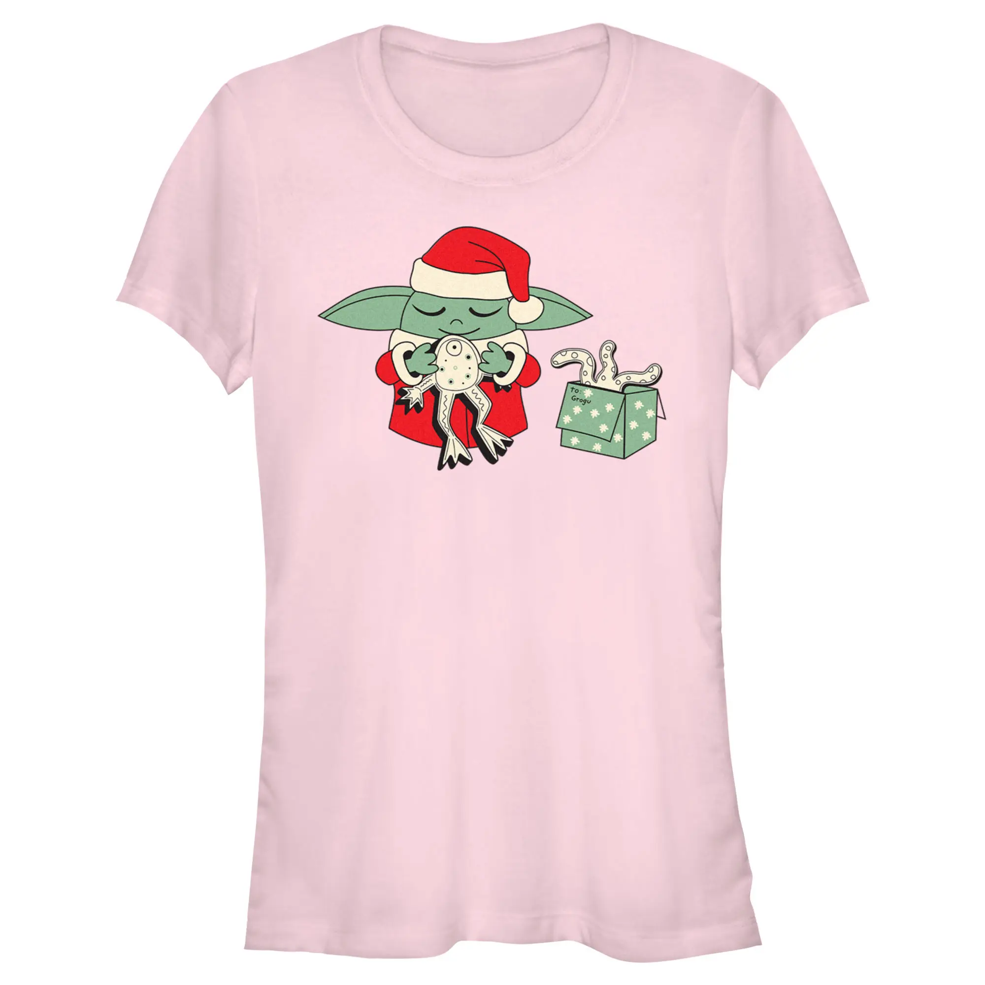 Juniors Womens Star Wars: The Mandalorian Grogu Frog Present T-Shirt