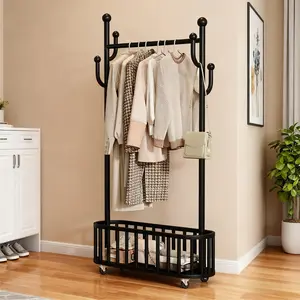 Rolling Garment Rack with Wheels 360° Lockable, Freestanding Coat Rack Tree with Bottom Basket Storage, Metal Garment Rack for Bedroom Living Room Entryway, 80CM Wide, Black