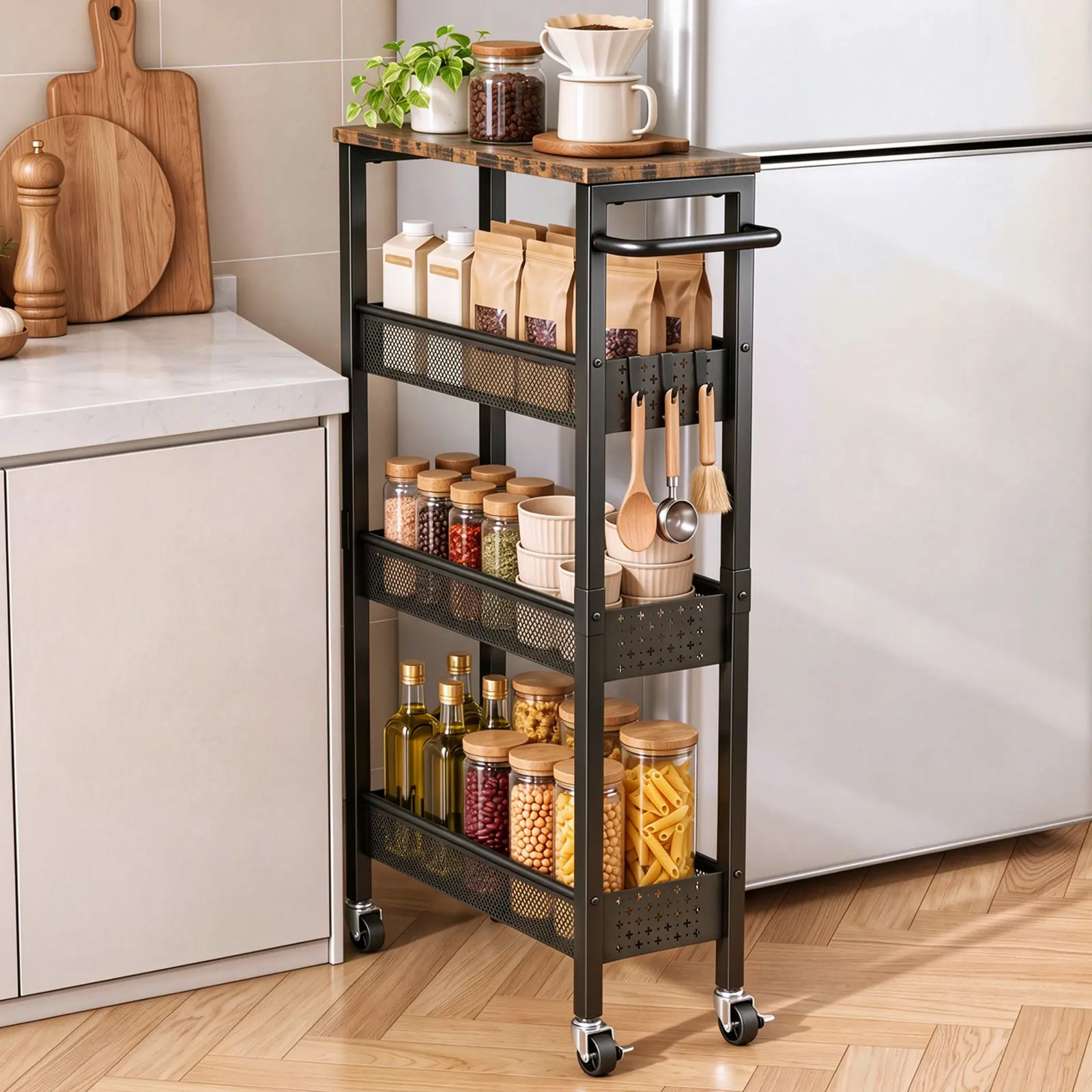7CODE 4-Tier Slim Utility Rolling Laundry Cart with Wheels, Metal Narrow 7.1" wide, Lockable wheels, wood top panel, metal frame, with handle, for laundry, bathroom, kitchen, black