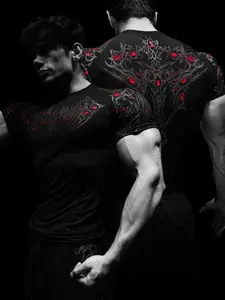 Men's Round Neck Short Sleeve T-Shirt, Devil Eye Thorns Texture Letter Magic Sword Print, Fitted Gym Sport Fitness Outdoor Riding