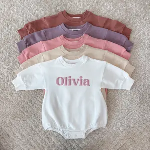 Swaddle and Nest Personalized Name Bubble Romper Soft Comfortable Crewneck Bodysuit for Gift in Cream Green Blue Black Brown Pink Purple Rosewood White Stretchy Everyday Fit Casual Girl Clothes Cute Matching Family Baby Girl Outfit