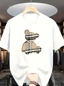 [Trendy Bear Print Tee] Polyester Trendy Casual T-Shirt |   Creative Bear Print Tee, Breathable Short Sleeve Top for Spring/Summer Outdoor Activities - Gift for Boyfriend, Khaki, 100% Polyester