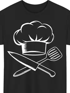Men's Heavyweight 180GSM Chef T-Shirt with Knife & Spatula Print - Professional Culinary Cooking Apparel, Short Sleeve Round Neck Chef Uniform (S-3XL) for Restaurants, Cooking Classes & Chef Jobs - Durable Digital Print Chef Coat