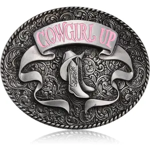Cowgirl Up Western Belt Buckle For Women Cowgirls,  Oval Flower Rose Boots Horse Rodeo Pink Belt Buckle