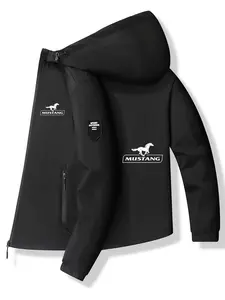 Men's Fashion Mustang Logo Flying Jacket, Casual Hooded Design, Zipper Pockets, Slim-Fitting, Spring & Fall Wear, No Padding