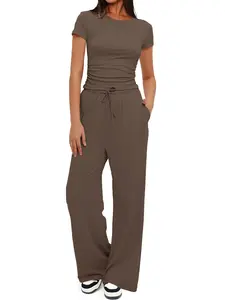 2026 Spring Summer Women's Two Piece Set, Solid Color Long Sleeve Top & Wide Leg Pants, Casual Commuter, Style, Womenswear