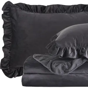 Plush Flannel Sheet Set -  Size 4- - Ruffled Edge Design, 16 Inch Deep Pocket, Anti-Pilling & Fade Resistant - 220 GSM Breathable Luxury -Season Bedding, Black