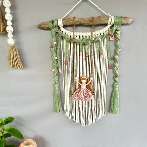 You Grow, Girl! Floral Macrame Wall Hanging with Girl on Swing, Decorative Macrame Design, Floral and Vines Elements - Hangable