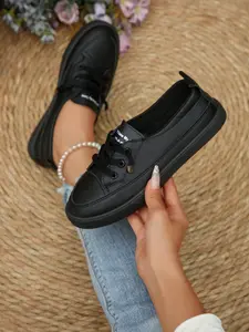 Women's Spring Summer New Round Toe Flat Low Top Shoes, Lace-Up Slip-On Plain Color Simple Fashion Casual Comfortable Outdoor Walking Shoes