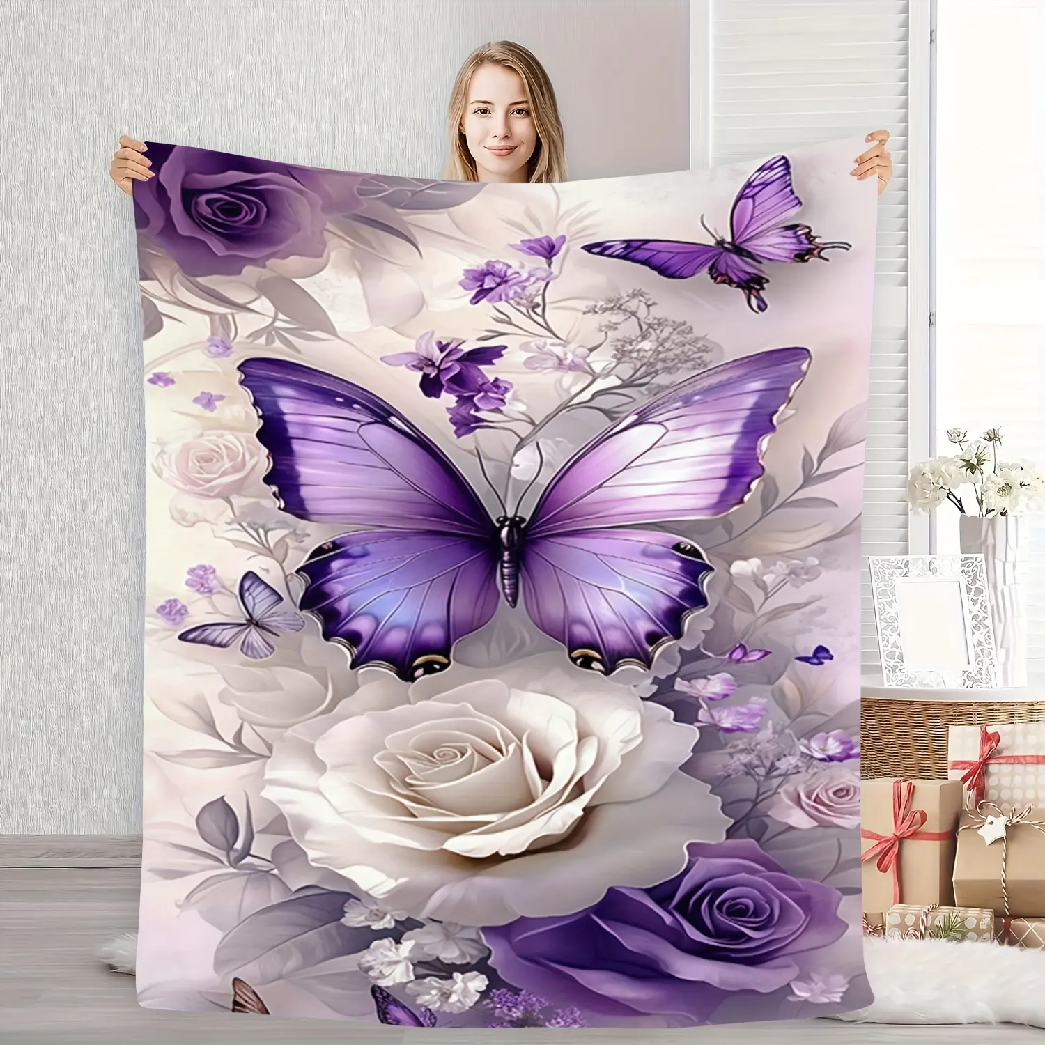 Classic Purple Butterfly Motif & Rose Floral Print Flannel Throw Blanket - 80x60 in, Ultra-Soft, Wrinkle Resistant, Super Fluffy Breathable Fleece, for Couch & Bed, Romance Home Decor, Birthday Gift for Her, All-Season Use