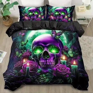 3-Piece Bedding Set, Horror Skull Dark Butterfly Print Design, Soft Comfortable Fabric, Suitable for Bedroom Hotel Valentine's Gift