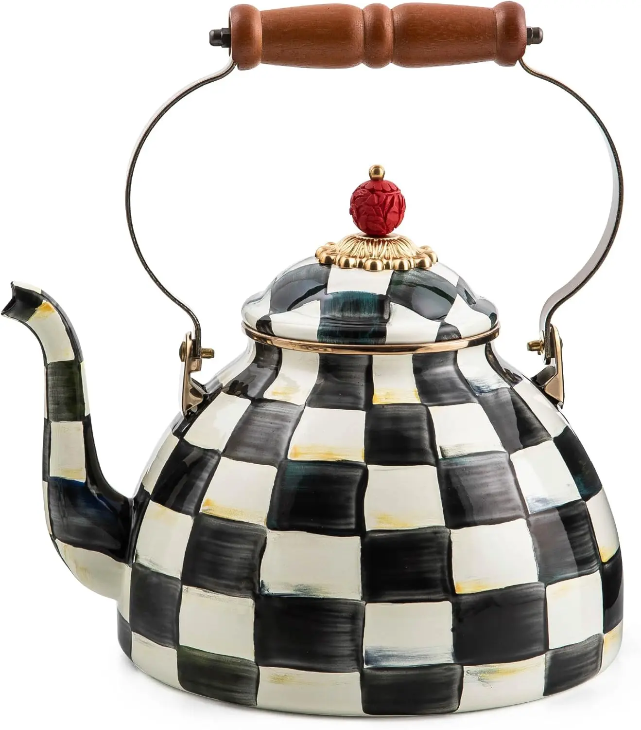 MACKENZIE-CHILDS Enamel Stovetop Tea Kettle, Black-and-White Courtly Check, 3 Qt Steel Tea Pot, Teapot Style Kettles & Jugs
