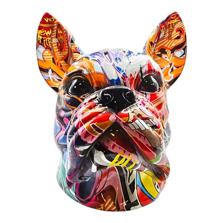 Graffiti Bulldog Head Sculpture Animal Statues Art Figurines Home Decoration for Living Room Bedroom Book Shelf TV Cabinet Desk