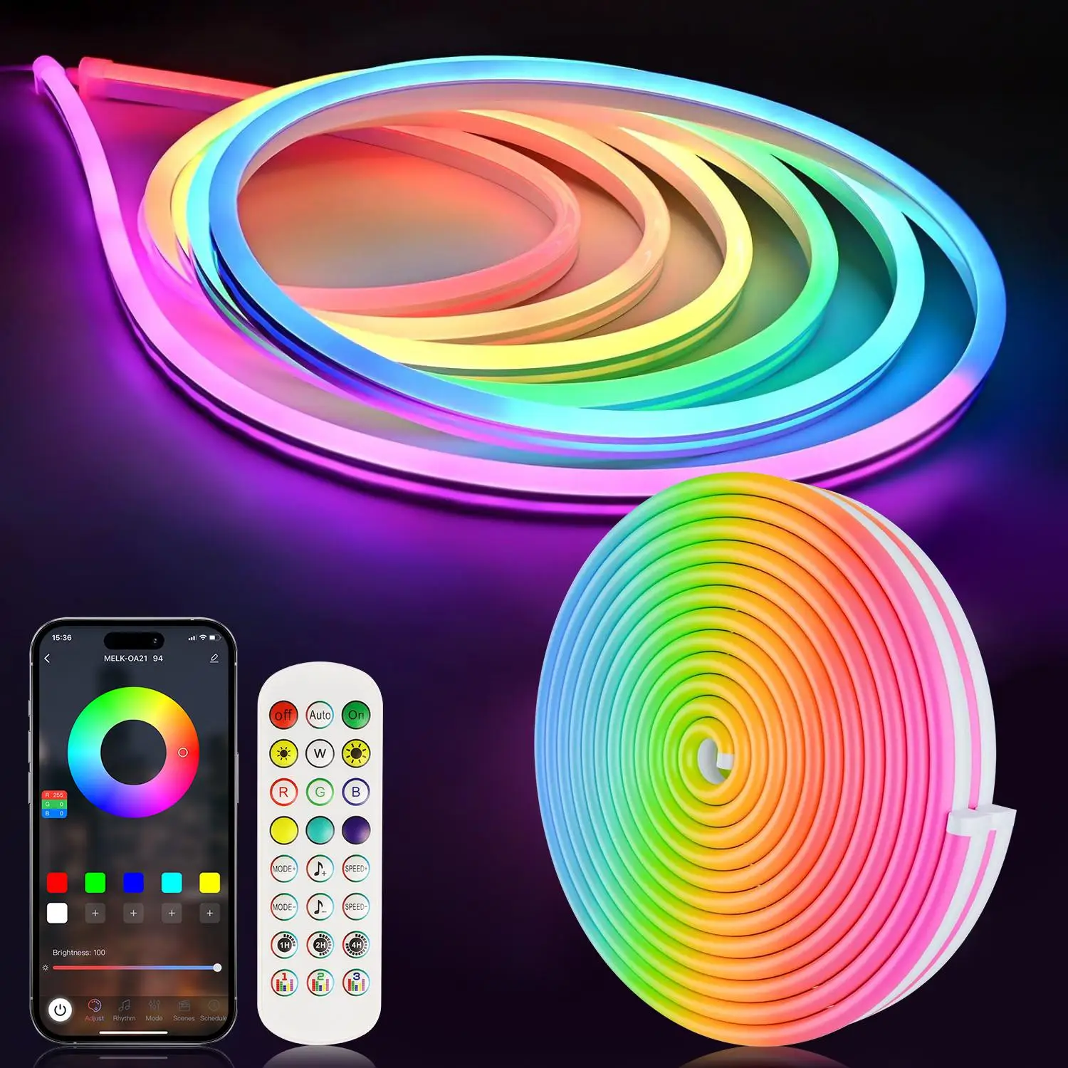 RGB LED Light Strip, RGBIC Music Sync Flexible Neon Light Strip, IR Remote Control & APP Control LED Light Strip Suitable for Bedroom Games Outdoor DI