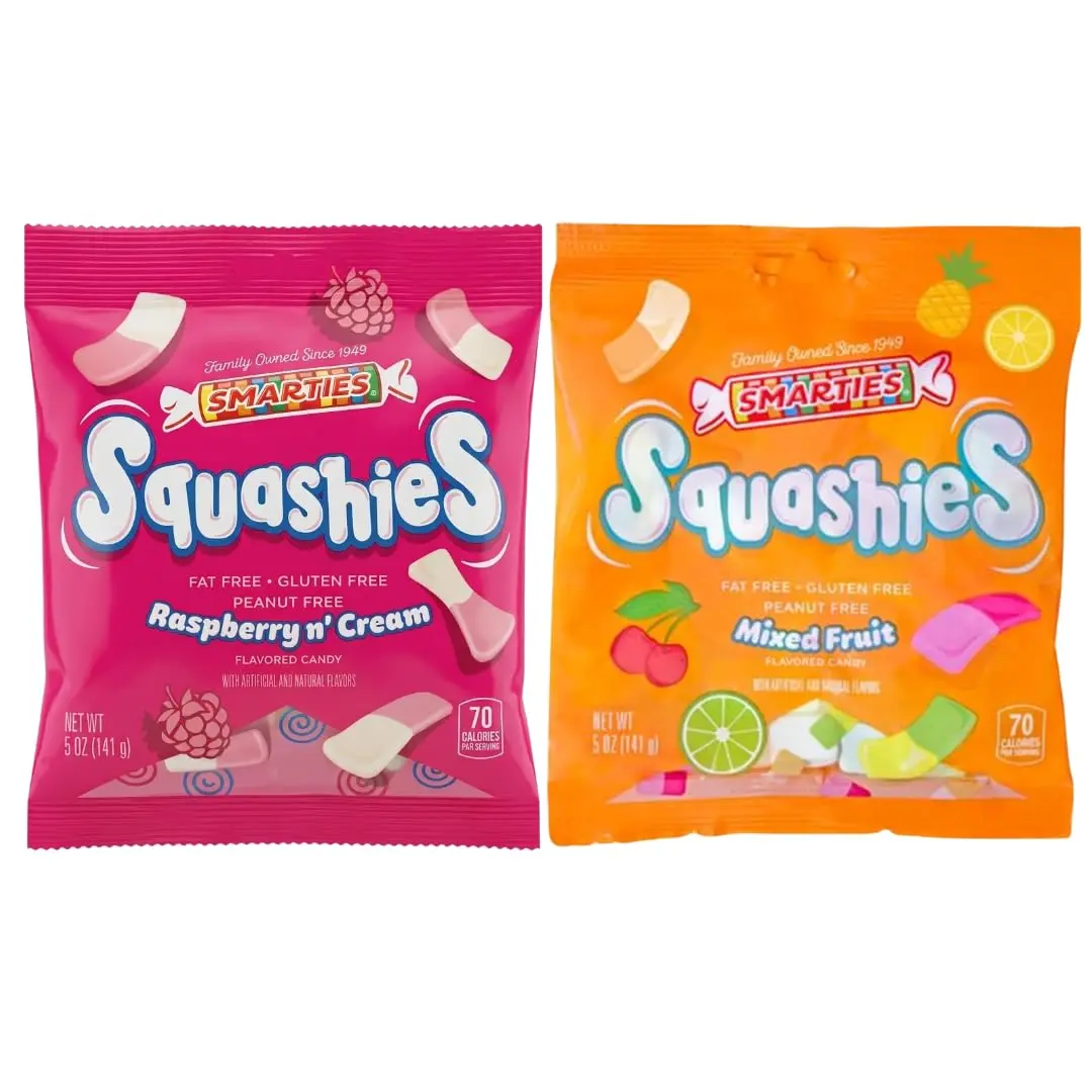 Smarties Squashies Variety Pack Foam Marshmallows Gummy Candies - Raspberry & Cream and Mixed Fruit Flavored - Allergen Free, Peanut Free & Gluten Free Candy - Soft & Chewy Squashies Candies - 5 oz Bag (Pack of 2)