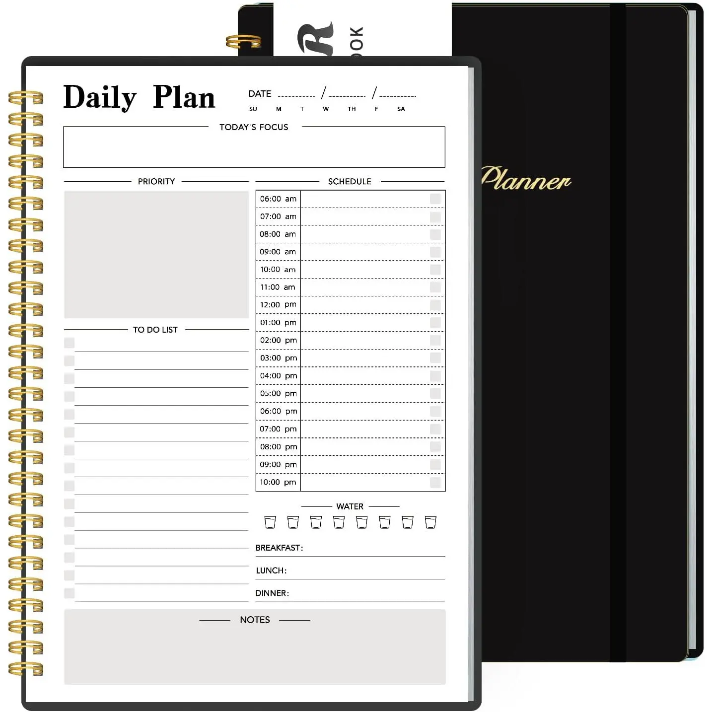 Daily Planner Undated, To-Do List Notebook with Hourly Schedule, Spiral Appointment Organizer Calendar for Man / Women, Flexible Cover, -Wire Binding Elastic Closure, Pocket Pen Loop, 160 Pages
