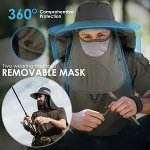 2Pack Men's Outdoor Sun Hats UPF 50+ Wide Brim UV Protection Hats with Detachable Neck Face Cover, Waterproof Breathable for Hiking, Fishing, Camping