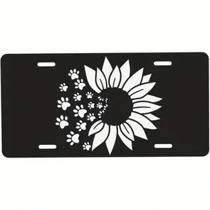 Decorative Sunflower & Dog Paw Print Vanity Plate - 12x6 Inch US Standard Fit Black Metal License Plate with White Floral Design, Durable Longlasting Material Front Car Tag, Sunflower Car Decor, Car Accessories, Novelty Gift for Pet Lovers