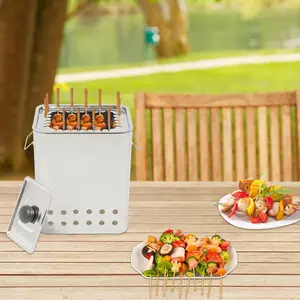 Square Barbecue Hanging Grill with Gloves Stainless Steel Smokeless Kebob Grill,for 26 Skewers,Portable Vertical Charcoal Grill,for Camping,Picnic,Patio,9.45 * 7.09 * 11.81in (Square) Silver